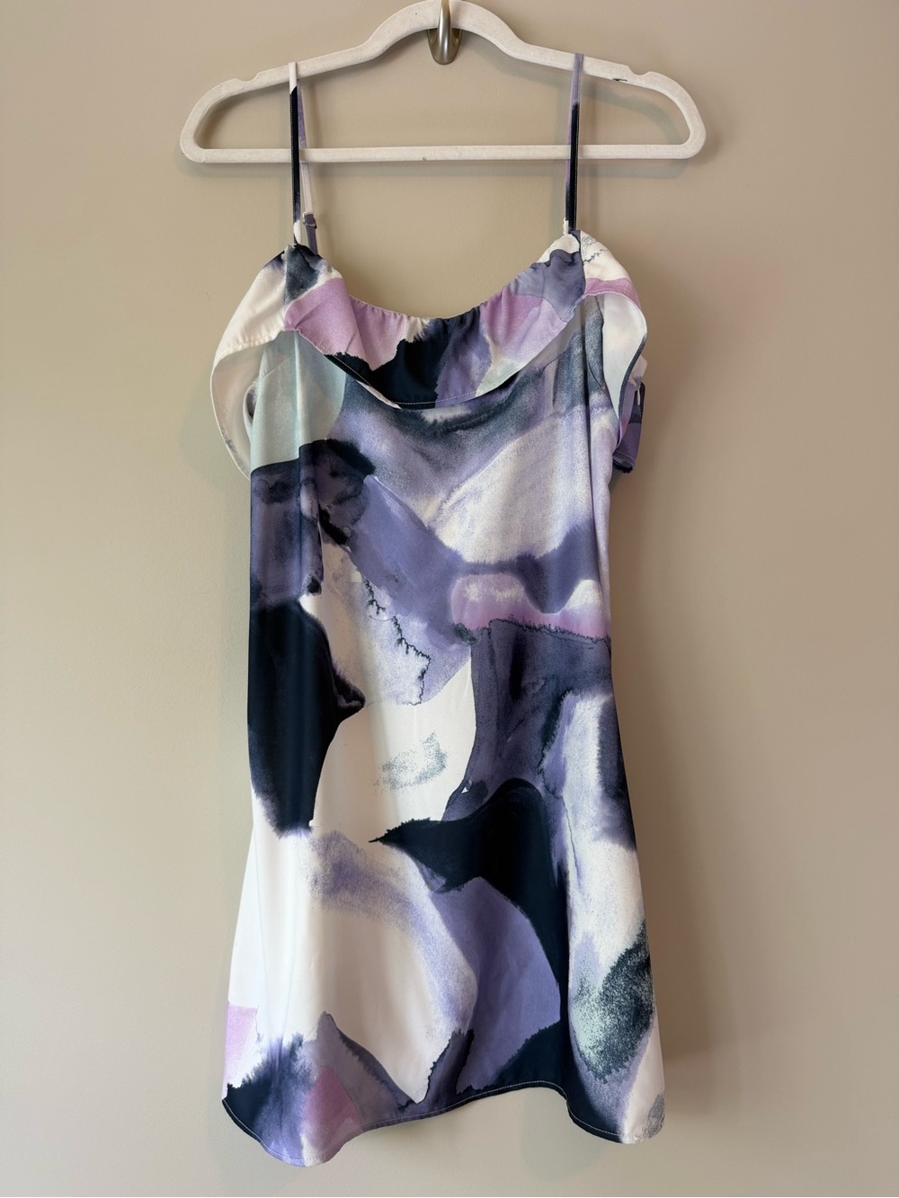 French Connection Watercolor Print Mini Dress Cowl Neck Purple | Size M